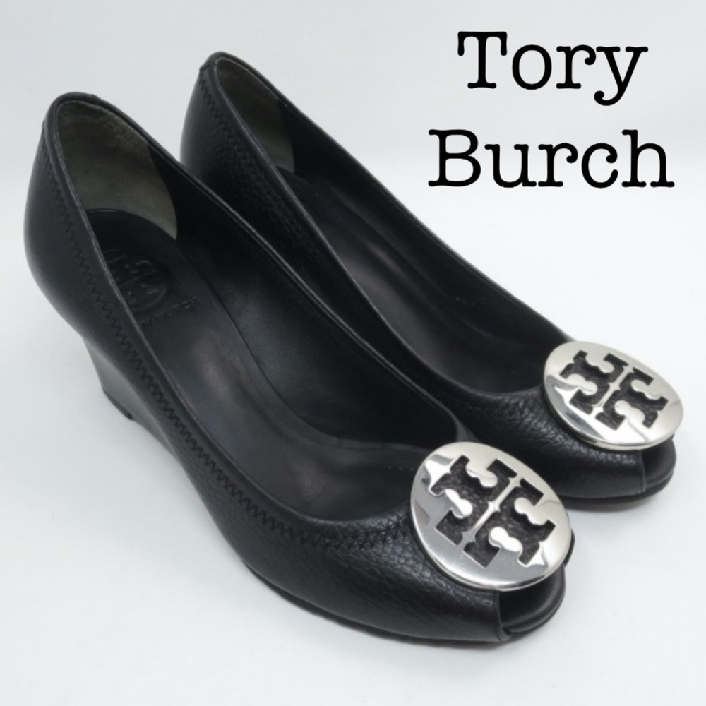 Tory Burch Peep Toe Black Leather Wedges Sally Heels Size 8 1/2